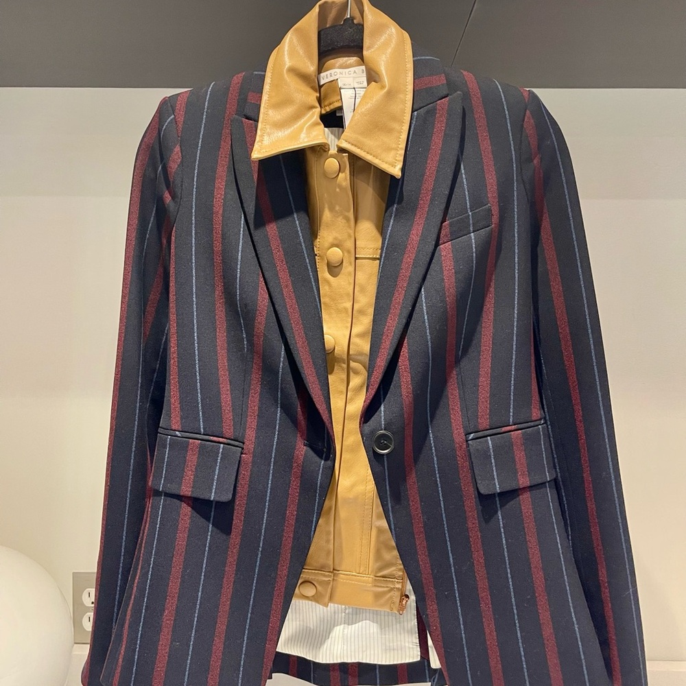 $698 Veronica Beard Carter Dickey jacket blazer navy merlot white stripe size 0 - Picture 16 of 16